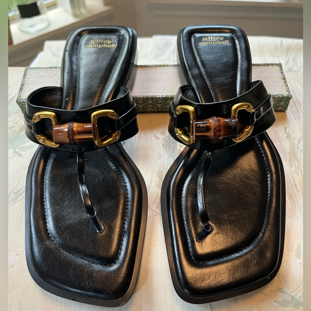 Jeffrey Campbell Black Sandals with Gold and Brown Details